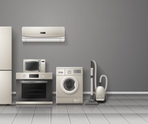 Household appliances realistic monochrome relocation image with refrigerator washing machine vacuum cleaner stove kitchen hood vector illustration